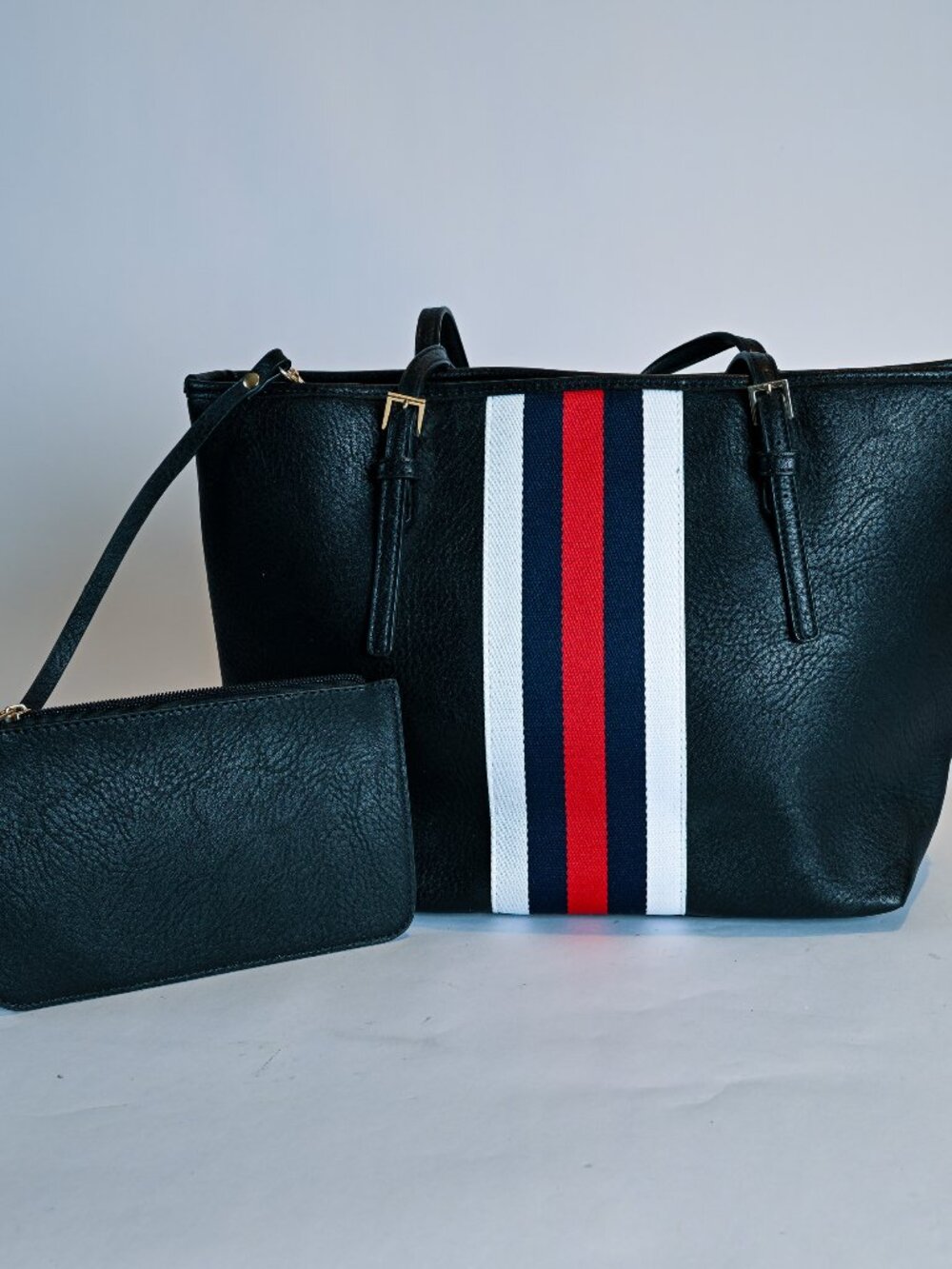 Urban Expressions Black Tote Bag Red White Stripe Shoulder Bag w Wristlet